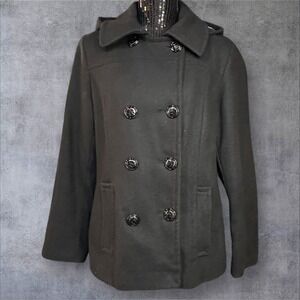 Calvin Klein Women's Wool Blend Hooded Peacoat Black Size 12 Quilted Lining